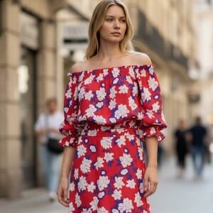 Saloni Grace Silk Midi Dress Size 4 Dahlia Floral Print Off Shoulder Ruffle‎ NWT